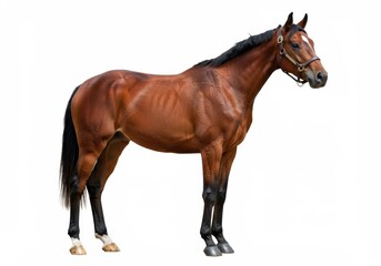 A brown horse stands in a side view portrait against a white background isolated cutout