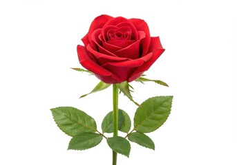A single red rose with green leaves isolated on a white background is in full bloom