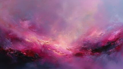 Abstract landscape of vibrant pink and purple hues, textured with flowing brushstrokes, evoking a sense of vastness and movement
