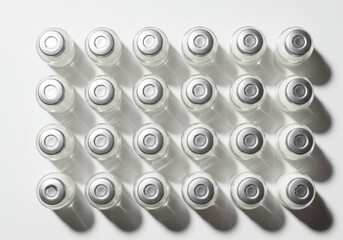 Rows of glass vials with silver caps containing medication for injection or treatment