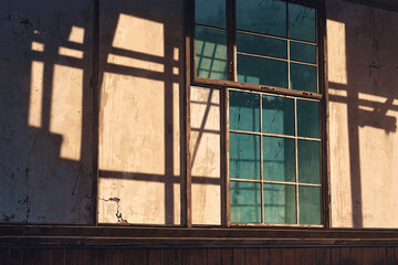Obraz premium Medium shot of a dusty window casting soft light and faded shadow lines across broken furniture in a quiet cinematic anime mood