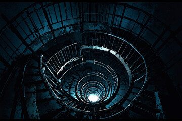 Fototapeta premium Spiral stairway descends into darkness, seen from above with high contrast between broken steps and dim light in anime visual style