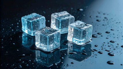 Ice cubes on a dark, reflective surface, with a focus on their transparency and slight melting