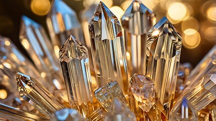 Sparkling arrangement of elegant crystal clusters with a warm golden bokeh background illumination