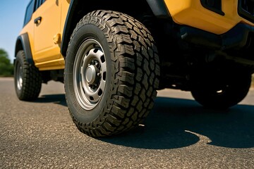 Close-up of a yellow off-road vehicle featuring a rugged all-terrain tire with deep tread, parked on a sunlit asphalt road, emphasizing durability and performance.