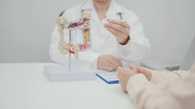 Elderly woman Patient consultation with doctor for Colon disease, Large Intestine, Colorectal cancer, Ulcerative colitis, Diverticulitis, Irritable bowel syndrome, Digestive system and Healthcare