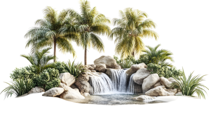 Tropical paradise with cascading waterfalls nestled among verdant vegetation