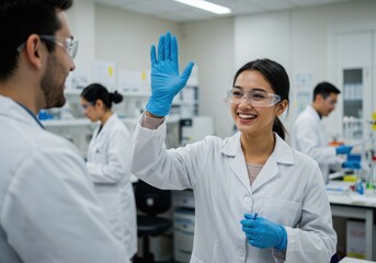 Female scientist in lab coat and safety glasses giving a high five to a colleague