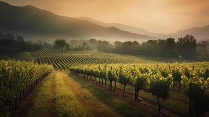 Naklejka premium Vineyard landscape bathed in golden morning light.