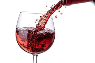 Pouring delicious red wine into a transparent glass on a bright white background