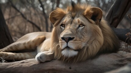 Fototapeta premium Majestic lion resting in a natural forest setting.
