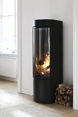 Modern black cylindrical fireplace with glass front, showcasing a warm fire
