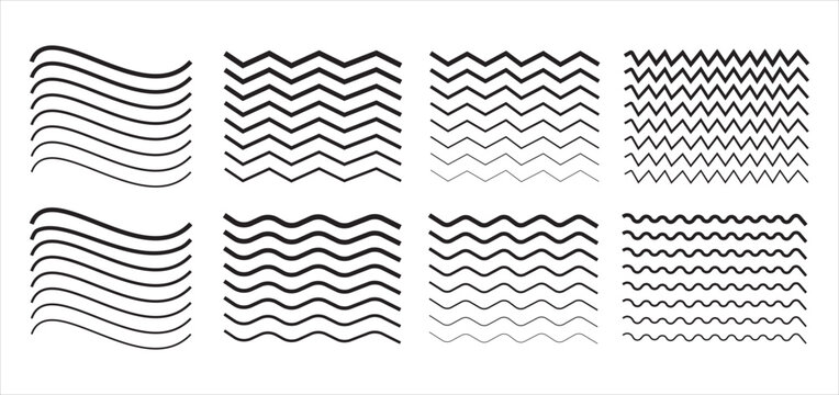 Wave line and wavy zigzag lines. Black underlines wavy curve zig zag line pattern in abstract style. Black curved lines pattern in abstract style. Set of wavy zigzag lines. Vector zigzag lines and wav