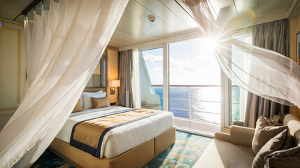 A cozy cruise cabin with a made bed, soft curtains flowing in the breeze, and a bright view of the Caribbean Sea through the window, evoking a sense of serene luxury