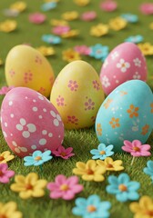 Fototapeta premium Pastel Easter Eggs Nestled in Spring Flowers: A Whimsical Scene