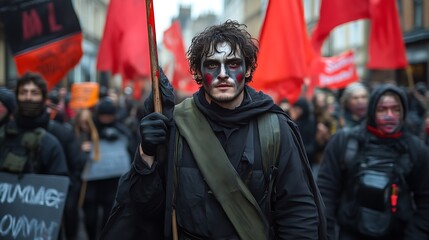 Protester with Face Paint Holding Flag in Crowd