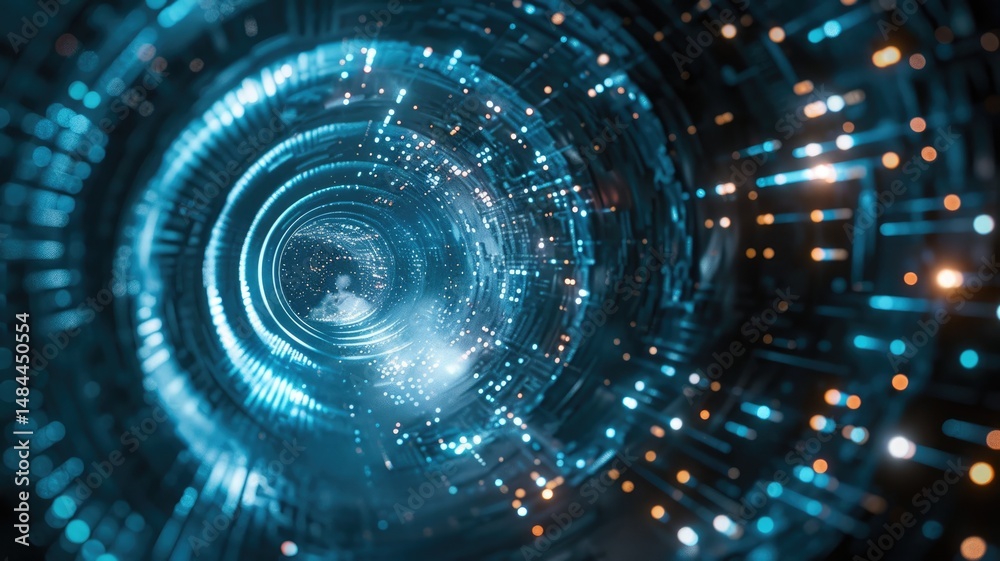 Poster abstract picture of blue light particle with digital technology style design connecting become dynam