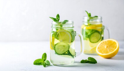 Fototapeta premium Detox water with lemon, cucumber, and mint in glass jars on light background, minimalist style