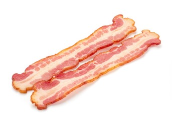 Two slices of uncooked bacon with visible fat and marbling on a white background