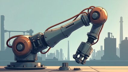 Industrial Robotic Arm in a Factory Setting with a Cityscape Background