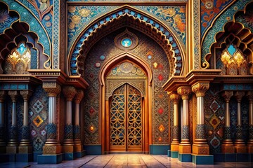 Fototapeta premium Stunning Mosque Doorway Photography: Ornate Islamic Architecture, Detailed Carving, Rich Textures, Golden Hues, Intricate Design, Majestic Entrance, Architectural Photography,