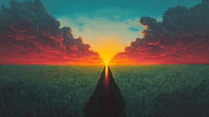 Celestial rift sunset over green field. [Seraphic Depths] | Serenity Rift | calm split. Illustration