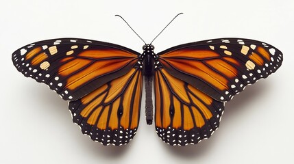Obraz premium Elegant monarch butterfly with open wings symmetrical pattern displayed on a plain white backdrop high quality macro shot with vibrant colors overlay cut out on isolated transparent removed background