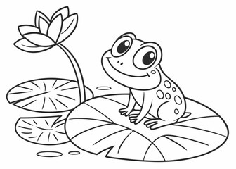 Cute frog sitting on the lotus leaf cartoon outline coloring page for kids