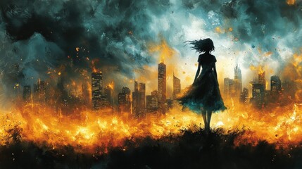 A lone figure stands amidst a burning city.  Dark clouds and flames engulf the cityscape