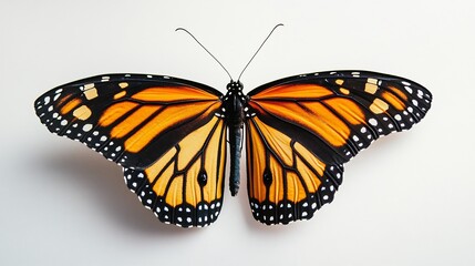 Fototapeta premium Elegant monarch butterfly with open wings symmetrical pattern displayed on a plain white backdrop high quality macro shot with vibrant colors overlay cut out on isolated transparent removed background
