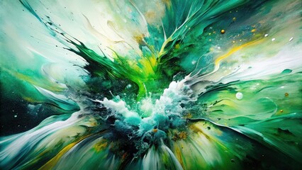 Obraz premium Surreal Green White Abstract Painting, Dynamic Brushstrokes, Expressive Art, Modern Canvas