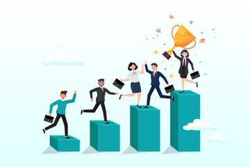 Business people climb up growth graph, team growth, growing business success, employee engagement, career progress, achievement or challenge, corporate ladder, motivation to win together concept