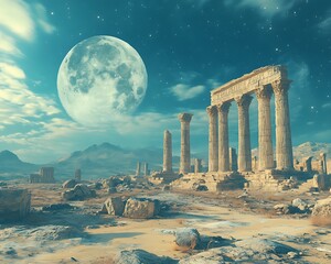 Fototapeta premium Ancient Ruins with Moonlit Desert.