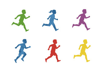 Colorful Running Children Silhouettes with Textured Surfaces and Dynamic Poses