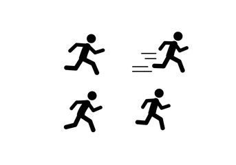 Four black stick figures in running poses one with speed lines
