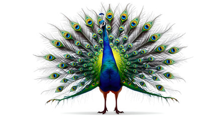 Radiant Indian Peacock with Full Tail Spread on White &ndash; Iridescent Blues, Greens & Golds in Ultra-Crisp Detail (Generative AI)