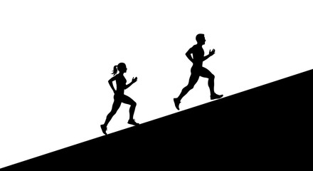 Silhouette Runners Ascending a Steep Slope Representing Determination and Effort