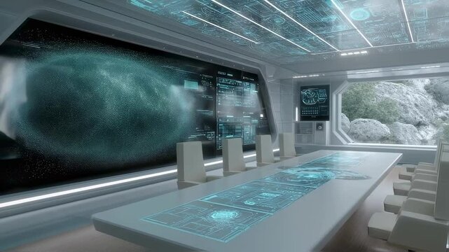 Futuristic spaceship conference room with holographic screen showing approaching nebula and holographic table displaying star charts, with a view of a rocky planet outside the window