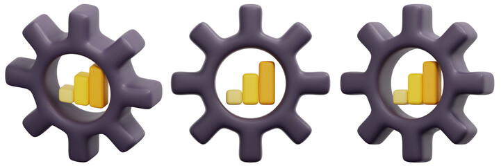Obraz premium Set of 3D Purple Cog Wheels with Yellow Bar Graph 3d Render Icon Illustration