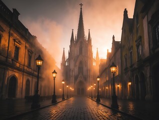 Fototapeta premium Misty European City Street with Gothic Church and Warm Streetlights