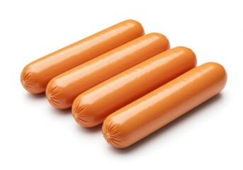 Four uncooked sausages are arranged diagonally on a white surface in a studio shot