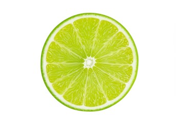 A vibrant slice of lime shows its juicy texture and bright green color on a white background