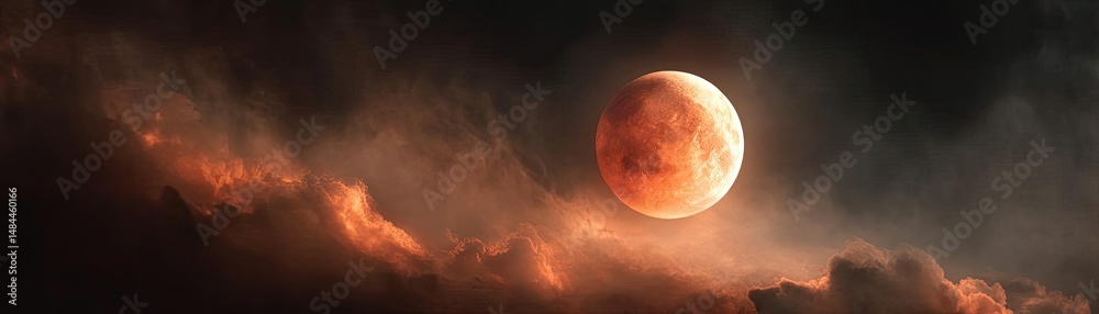 Poster red moon behind black clouds at night with abstract fire concept. a captivating lunar eclipse framed