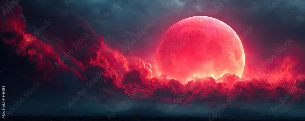Poster red moon behind black clouds with abstract fire and smoke concept. a dramatic red moon illuminating 