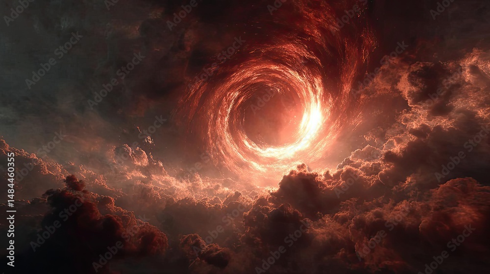Poster red moon behind black clouds with abstract fire and smoke concept. dramatic swirling clouds with a f