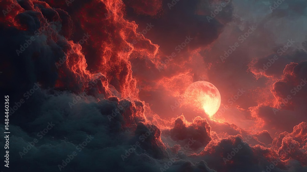 Aufkleber red moon behind black clouds with abstract fire and smoke concept. a dramatic sunset illuminating da