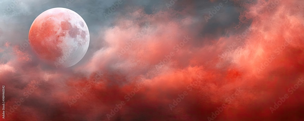 Aufkleber red moon behind black clouds in dark abstract sky concept. a dramatic night sky with a full moon and