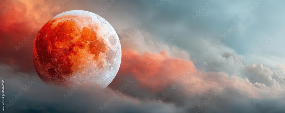 Poster red moon behind black clouds in dark abstract sky concept. a striking full moon surrounded by vivid 