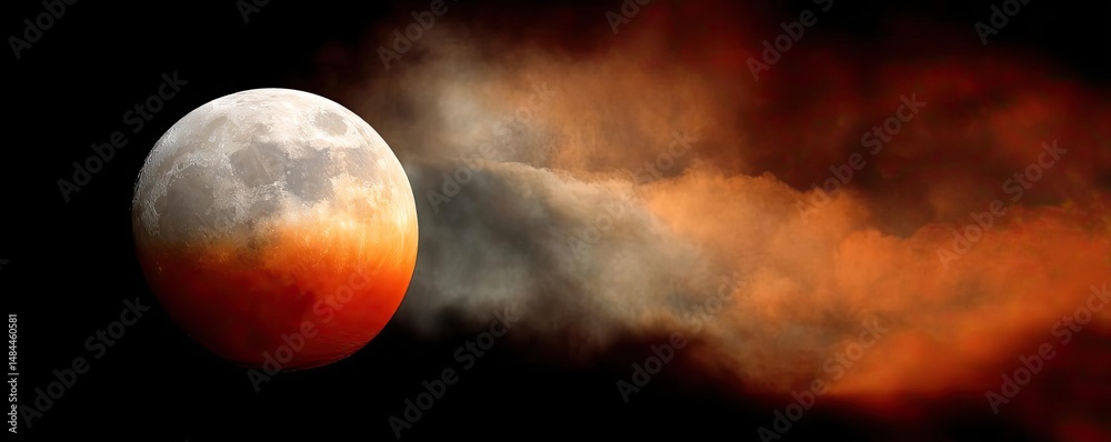 Poster red moon behind black clouds in dark abstract sky concept. stunning lunar eclipse with orange hues a