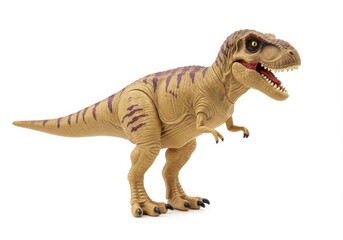Fototapeta premium A tan tyrannosaurus rex toy with purple stripes stands on a white background